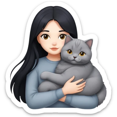 A beautiful girl with long black hair hugs a British Shorthair sticker