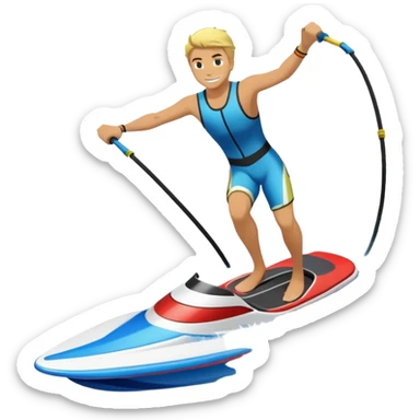 An icon showing an athlete balancing on two water skis, holding onto a rope pulled by a speedboat. Water splashes trail behind as the skier rides across the surface with no poles. Transparent background emphasizes the excitement and balance of water skiing. sticker