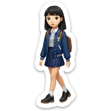hair : black long hair with fringe 
skin : light 
outer : deep brown varsity jacket (oversize) 
skirt : navy long long school girl skirt (under knee)  
motion : walking alone 


 sticker