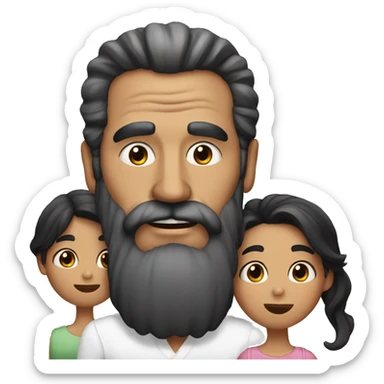one old man with big beard and black hair. with two younger girls with black hair, the younger of the girls has a lot of makeup sticker