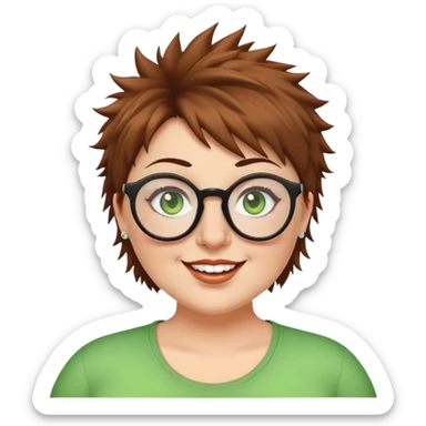  plus size white women round nose with short  brown shaggy spiked hair wearing glasses green eyes happy sticker