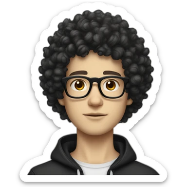 white boy white skin and squared jawline with back colored afro curly black hair and squared glasses and tattoo of black lightning on the neck sticker
