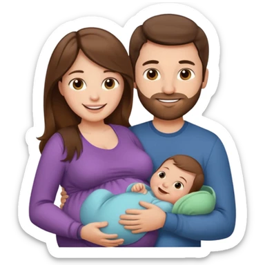 "Pregnant woman with long brown hair and fair skin and man with short brown hair and fair skin (without a mustache) holding one baby  smiling."
 sticker