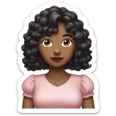 White woman with long black curly hair and bangs and dark brown eyes, wearing a pastel pink dress sticker