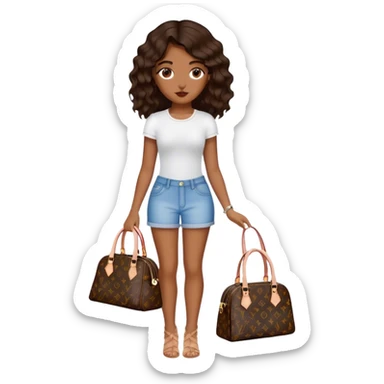  Brown girl with dark brown medium beach wavy hair carrying one Louis Vuitton purse on her arm while standing  sticker