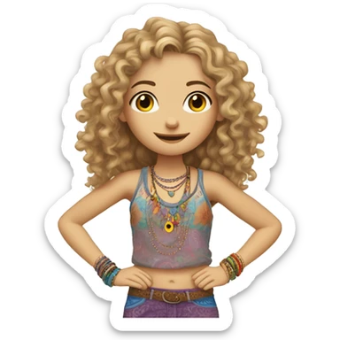 Caucasian hippie girl with curly dirty blonde hair, hazel eyes, baggy colorful pants and a tank top, lots of bohemian bracelets and jewelry sticker