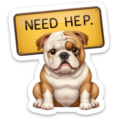 cute English bulldog sitting beside a 'need help' sign, emoji style sticker