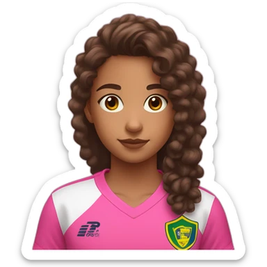 A 12 years old girl with long curly brown hair and a little nose and brown eyes with Pink mouton with à Black watch wearing Brazil shirt sticker