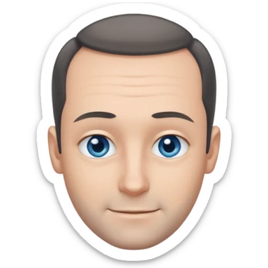 Man with black-greyish receding hairline, some hair on top, small blue eyes, clear face, shy smile sticker