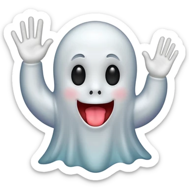 ghost emoji with tongue out with one hand up and one down and 6 above the left hand and 7 above the right hand sticker