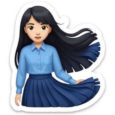 hair : black long hair with fringe 
skin : light 
cloth : oversize light blue shirt + navy long long skirt 
 sticker