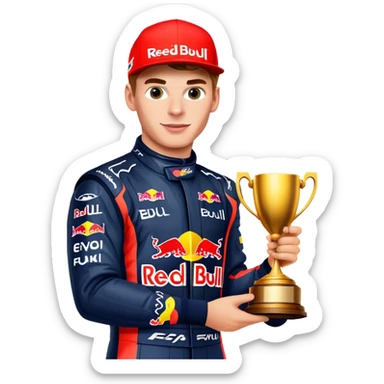 Max Verstappen celebrating with trophy, Red Bull racing suit, no text sticker