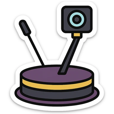 luxurious 360 camera booth with spinning platform, decorated in purple, black, and gold, elegant and sophisticated style for luxury events sticker