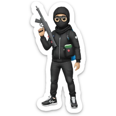 YN wearing a ski mask, holding a gun, all black fit, black jeans, Sprayground bookbag, confident stance with glasses sticker