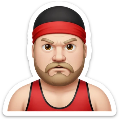 Close-up of very fat white skin guy with young face, beard and mustache, no muscle with prominent black durag, black eyes in a red and black wrestling singlet with angry face sticker