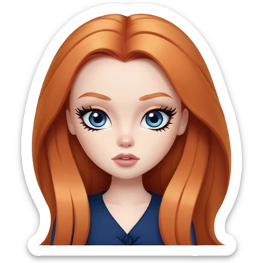 straight long ginger hair, pale skin, dark blue eyes, pretty bratz baddie, black eyeliner, blush sticker