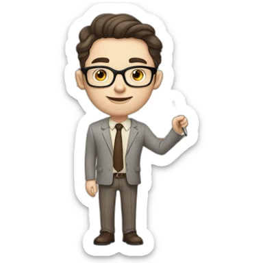 Pale skinned fit man with dark brown hair in gray jacket, beige office shirt, brown tie, brown pants and vintage glasses Writing on the flipchart sticker