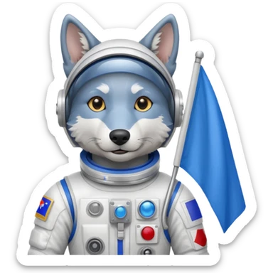a wolf in space suit, holding blue rectangle flag sticker