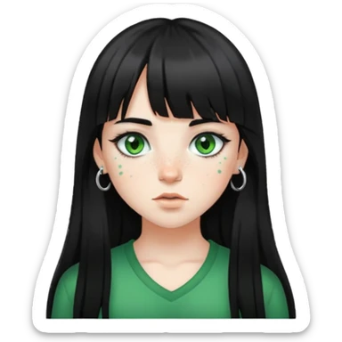 Sou uma menina de pele branca, tenho cabelos que vão até depois do ombro e são pretos, tenho franja, olhos verdes, sardas, piercing na sobrancelha  sticker