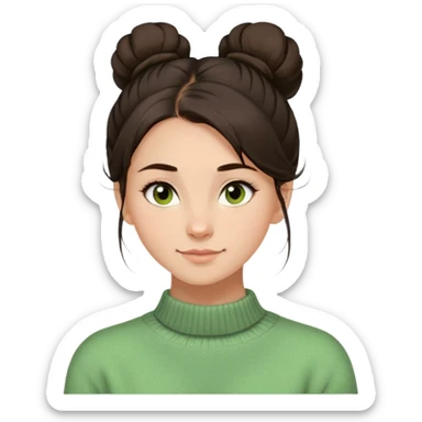 a girl with long dark brown hair with high disheveled bun in light green sweater, a slight smile, brown eyes sticker