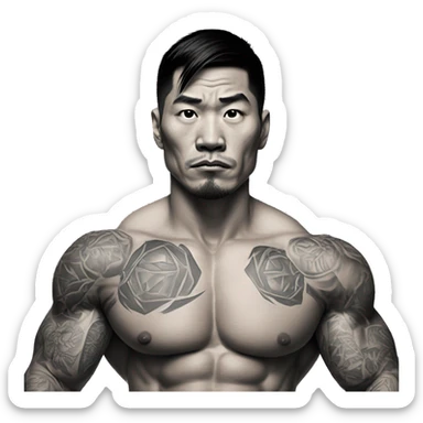bad boy asian. tattoos. muscles. holding weights. realistic looking (proper man), full body with legs. making the 'rizz' face  sticker