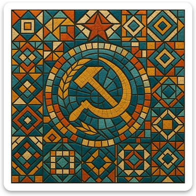 Soviet mosaic pattern in the style of Kerama Marazzi ceramic tiles, intricate geometric shapes, vibrant colors sticker