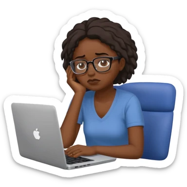 Create an emoji of a tired girl of african american descent, sitting at a laptop, looking exhausted and frustrated. They have slouched posture, representing overwork and burnout. sticker
