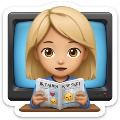 TV screen displaying a chibi anime character reading news, emoji style sticker
