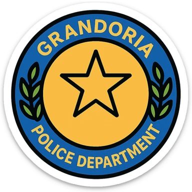 badge-style circular logo for 'GRANDORİA POLİCE DEPARTMENT', laurel leaves, central star, strong serif lettering, official and trustworthy appearance, detailed lineal color icon style sticker