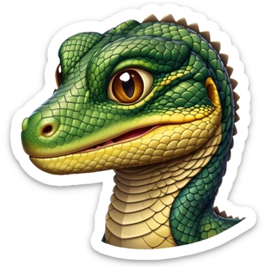Cinematic Realistic Noble Monitor Lizard Portrait Emoji, Poised and imposing, with a robust, muscular build and a rugged, intricately scaled hide in natural olive and dark brown tones, a sharply defined head with intense, observant eyes, rendered with lifelike detail and authentic texture, high shine, intelligent and formidable, styled with an air of desert authority, focused and attentive, soft glowing outline, capturing the essence of a watchful and confident monitor lizard that appears ready to stride out of the screen with effortless power! sticker