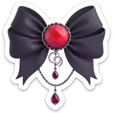 3D emoji gothic bow, black satin with silver chain drape and a blood red gemstone sticker