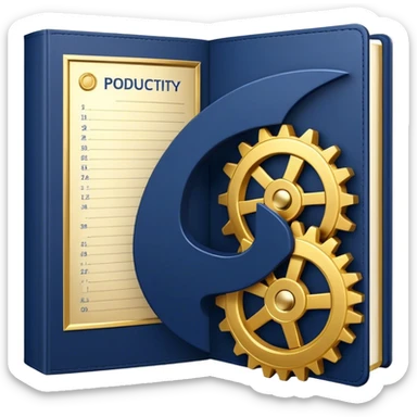 A navy blue book with gold details, metallic edges, and a golden gear with a chart with upward trend on the cover, radiating productivity, strategy, and success in motion- sticker