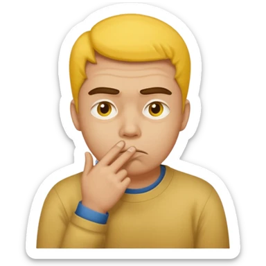 person tipping hand emoji, yellow face, furrowed brow, hand on mouth, thinking expression sticker