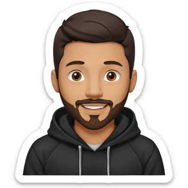 medium skin tone man with dark hair and a goatee beard, septum piercing, wearing a dark hoodie, smiling sticker
