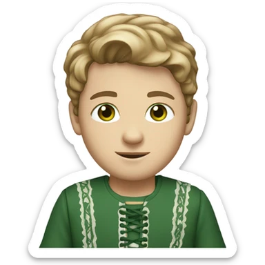 white boy with light brown hair and green eyes wearing a tunic with laces up the front  sticker