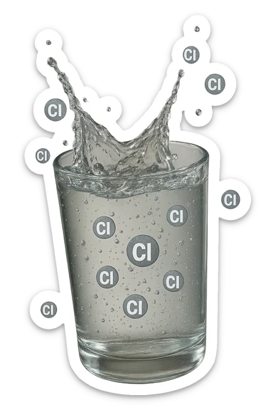 un bicchiere di acqua cade verticalmente dall'alto realistico e dettagliato, dentro l'acqua del bicchiere ci sono particelle di cloro ben visibili con la scritta "Cl" sopra, ci sono particelle anche che escono dal bicchiere e fluttuano in aria verticalmente, mentre alcune sono all'interno dell'acqua nel bicchiere, iperrealistico 4k sticker