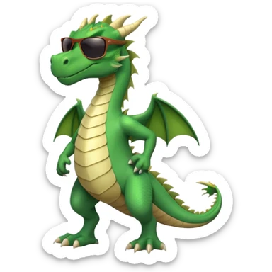 friendly anthropomorphised green dragon in a sports t-shirt and jeans with dark sunglasses walking upright, relaxed pose sticker