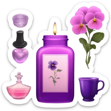A cozy aesthetic: a dark purple candle in a glass jar, pink pansies, a violet vintage perfume bottle, and a pink cup of steaming tea. sticker