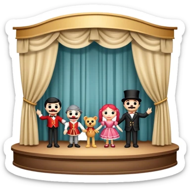 Icon for Puppet Theater: a puppet stage with curtains and marionettes performing on stage. The icon should represent the charm and artistry of puppet theater, with focus on the puppet and the stage setting. Transparent background. sticker