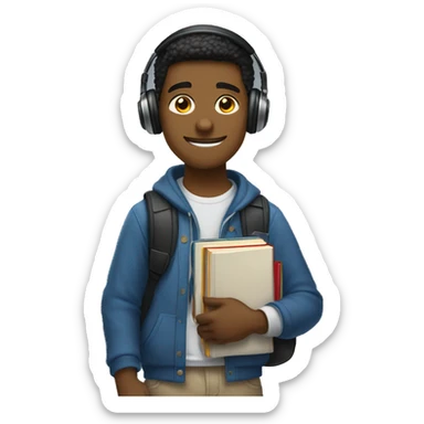 A university student holds books and textbooks in his left hand, headphones in his right hand

 sticker