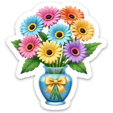 10 Various pastels Gerbera In a vase , with glitter bow  sticker
