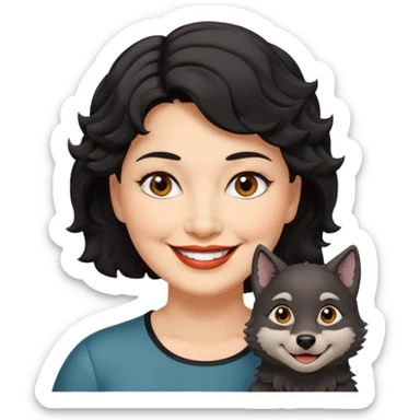 woman 60, brown eyes, very short black wavy wolf cut hair, chubby smile sticker