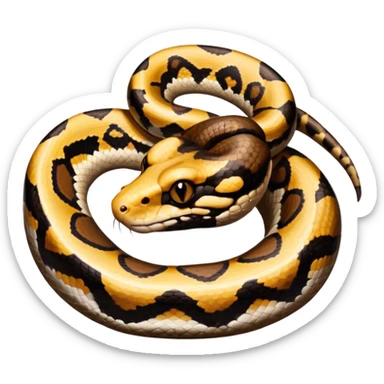 A photo-realistic digital illustration of a Ball Python, large headshot portrait. The snake has a short, rounded snout and smooth, soft contours, with a gentle, inquisitive expression that gives it a slightly playful charm. Its head is warm brown with bold, irregular dark markings. sticker