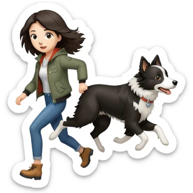 A beautiful girl with fair skin wearing a jacket chasing a Border Collie sticker