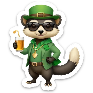friendly anthropomorphised honey badger in a casual green-themed outfit with St. Patrick's Day accessories, wearing sunglasses sticker