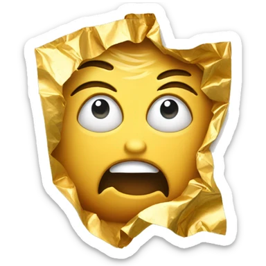 a crying used opened crumpled with torn edges gold foil wrapper sticker