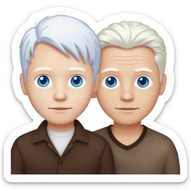 Two guys standing together, one is an albino with striking blue eyes and pure white hair, the other has dark brown hair and warm brown eyes, simple cartoonish emoji style sticker