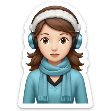 Victorian ice skater in a long dress. She is wearimg a scarf and earmuffs. She has boriwn hair. sticker