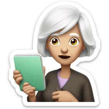 An old Woman 50 years with white hair and Bob cut with a broken tablet in the Hand an shocked  sticker