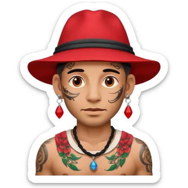 unique looking tourist with big unique red tourist hat and earrings, man with lots of tattoes sticker